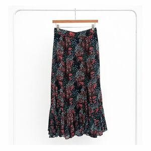 LOFT Black Floral Midi Skirt with Red and Teal Accents, Size: S